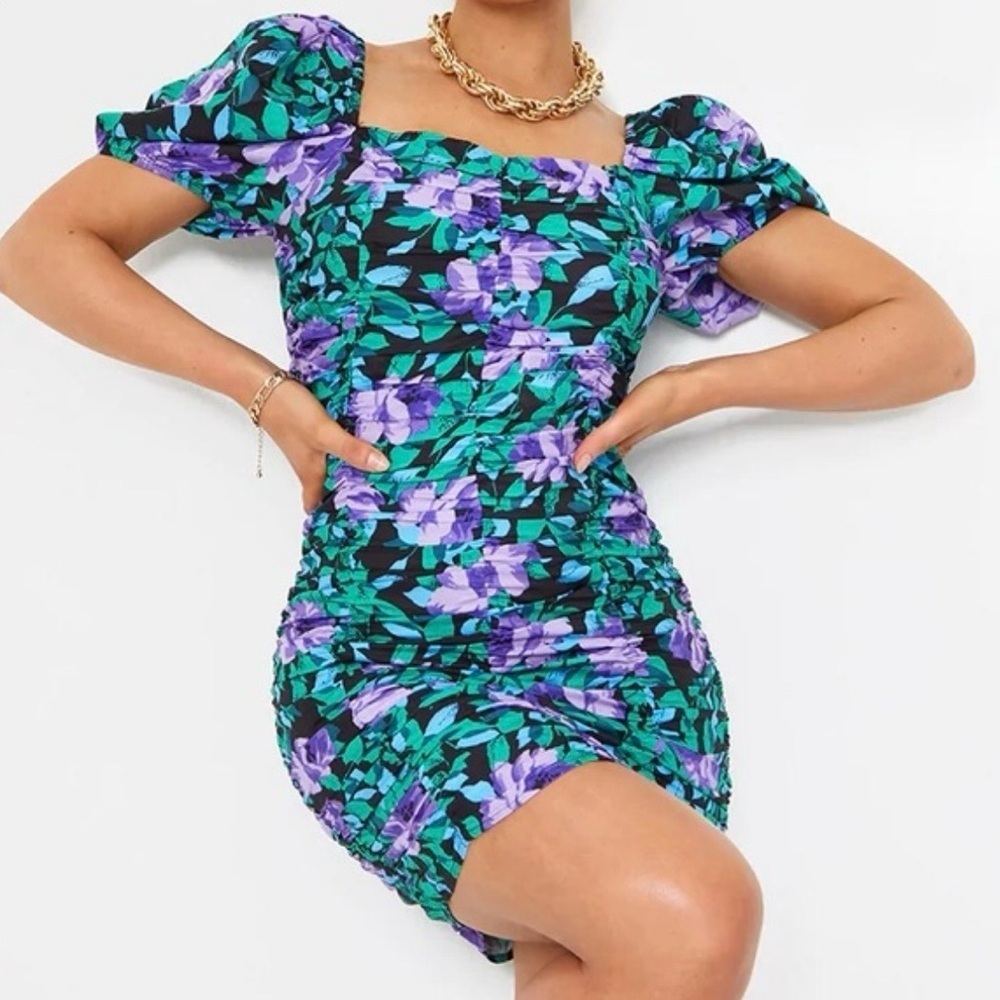 Pretty Little Thing Floral Satin Ruched Bardot Bodycon Dress Size 8 Bodycon Mini